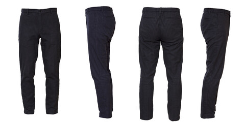 スリムな濃紺のスラックス 白い線のストライプ柄 前後左右の切り抜き 白背景