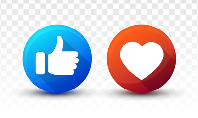 Set of vector icons, thumb up and heart icon. Round button, I like it for chat website, social media, mobile app. Approval, evaluation, expression of opinion