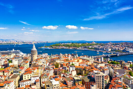 Aerial drone view of Galata Tower in Istanbul, Turkey. Summer sunny day
