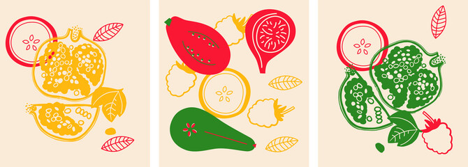 Cute appetizing Fruits and berries collection. Decorative abstract horizontal banner with colorful doodles. Hand-drawn modern illustrations with Fruits and berries, abstract elements.  - obrazy, fototapety, plakaty