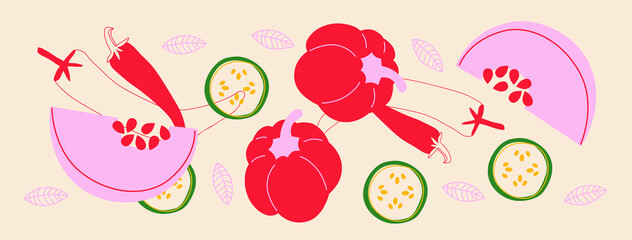 Cute appetizing Vegetables collection. Decorative abstract horizontal banner with colorful doodles. Hand-drawn modern illustrations with Vegetables, abstract elements. 