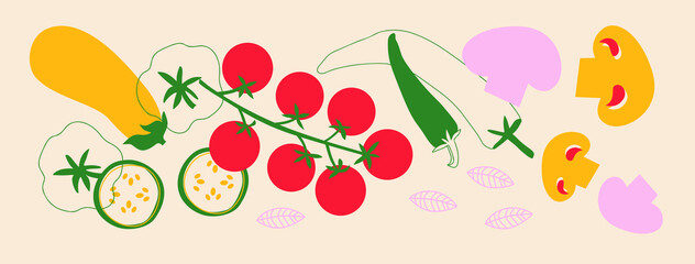 Cute appetizing Vegetables collection. Decorative abstract horizontal banner with colorful doodles. Hand-drawn modern illustrations with Vegetables, abstract elements. 