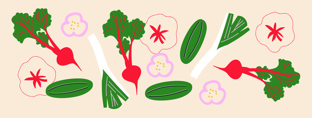 Cute appetizing Vegetables collection. Decorative abstract horizontal banner with colorful doodles. Hand-drawn modern illustrations with Vegetables, abstract elements. 