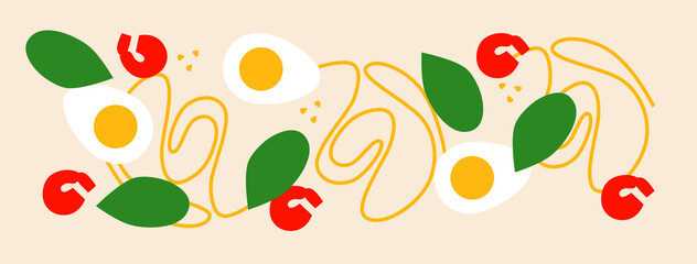 Abstract appetizing sushi and rolls collection. Decorative abstract horizontal banner with colorful doodles. Hand-drawn modern illustrations with sushi and rolls abstract elements. Asian cuisine