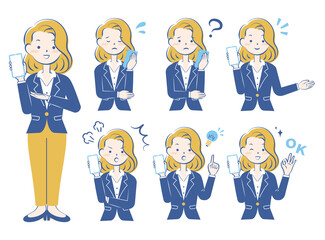 スマホを持つスーツ姿の女性の表情セット 2c
