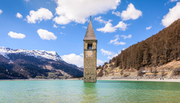 Sunken Curchtower in Lake Reschen, Vinschgau Valley, South Tyrol, Italy
