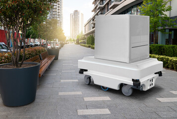 Delivery robot transporting a box on the street. Concept