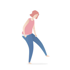 Young woman with a big belly she can't wear jeans pants,Overweight and obesity concept,Vector illustration.