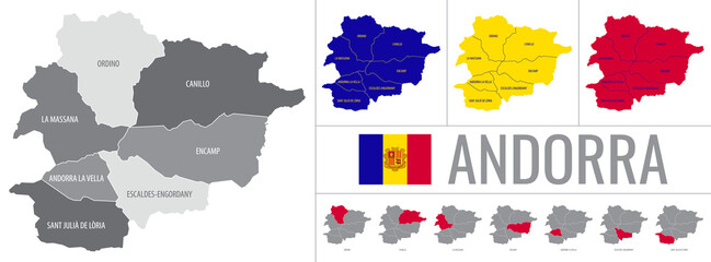 Detailed vector map of regions of Andorra with flag - obrazy, fototapety, plakaty