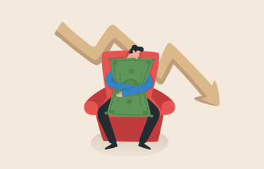 Protect your personal finances. Save money in an economic downturn. Manage income, expenses and taxes. financial belt. Financial insurance in times of economic crisis. young man hugging cash.