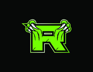 Claw mascot sport logo design. Letter R with scratch animal mascot illustration logo.