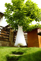 wedding dress on green grass