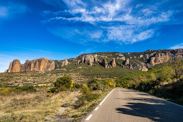 Panorama of Mallos De Riglos rocks in Huesca province, Aragon, Spain