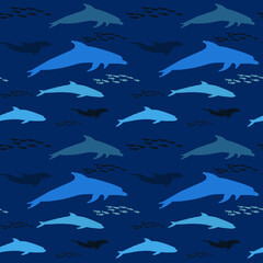 Fish seamless pattern on blue background, ocean or sea, texture for fabric, wallpaper and tiles, vector illustration