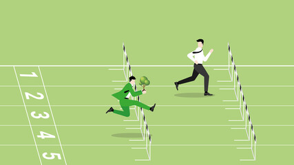 Concept of ESG and green business policy of environmental concern, save a planet, eco friendly, sustainability company. A businessman with a tree runs on a race track, attention from leader rivalry.