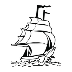 Sailing ship, black sign on white background, vector illustration