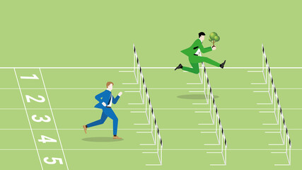 Advantages of ESG and green business policy of environmental concern, eco friendly, sustainability company. A leader businessman with a tree and competitor are run and jump over obstacles in race.