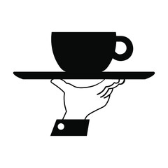 Cup of tea or coffee on a tray, black sign on a white background, vector illustration