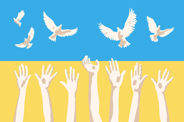 Raised hands. Patriotic graphic poster with Ukrainian yellow blue flag