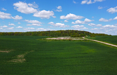 Aerial view of agro rural green fields and rustic landscape
