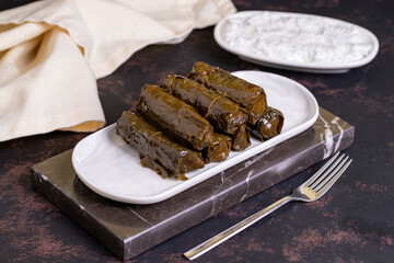 Leaf Wrap. Traditional Turkish cuisine delicacies. Stuffed with grape leaves and rice. local name zeytinyagli dolma or dolmades
