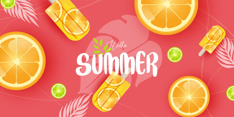 Summer Sale banner with pieces of ripe fruit, bright design.