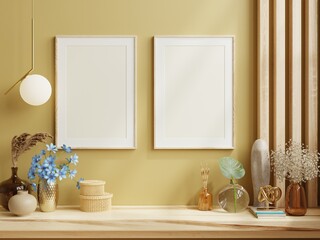 Two wooden photo frame on shelf in living room interior on empty yellow wall.