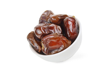 Dates on an isolated white background. Dates in a white bowl