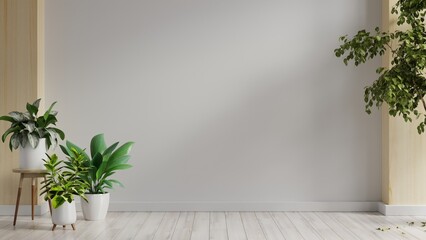 Room with plants on a wooden floor in empty white room.