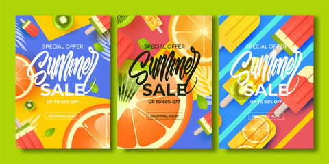 Summer sale vector poster set with 50% off discount text and summer elements in colorful backgrounds for store marketing promotion. Vector illustration.