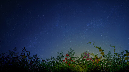 Night sky with stars and landscape with wild flowers stem flower light blue