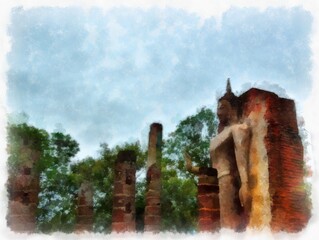 Ancient Ruins in Sukhothai World Heritage Site watercolor style illustration impressionist painting.