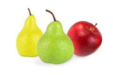 Yellow pear, green pear and red apple on isolated white background.