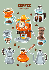 Set of vector illustration of coffee brewing methods. Pack of ready to print stickers. Blue, orange, brown, beige, yellow colors. Hand drawn cartoon flat vector illustration