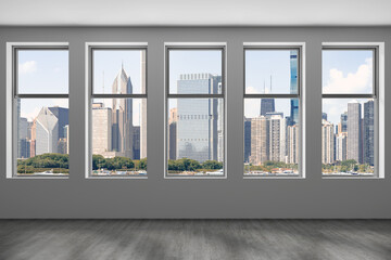 Naklejka na ściany i meble Downtown Chicago City Skyline Buildings from Window. Beautiful Expensive Real Estate. Epmty office room Interior Skyscrapers, View Lake Michigan waterfront, harbor. Cityscape. Day time. 3d rendering.