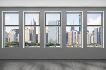 Downtown Chicago City Skyline Buildings from Window. Beautiful Expensive Real Estate. Epmty office room Interior Skyscrapers, View Lake Michigan waterfront, harbor. Cityscape. Day time. 3d rendering.