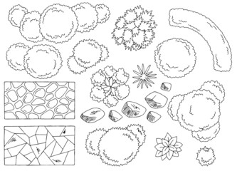 Landscape architect design element set graphic black white top sketch aerial view isolated illustration vector 