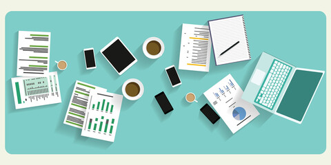 Modern vector illustration concept data design teamwork analyzing a project at a business meeting.