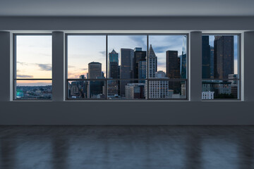 Fototapeta na wymiar Empty room Interior Skyscrapers View. Cityscape Downtown Seattle City Skyline Buildings from High Rise Window. Beautiful Real Estate. Sunset. 3d rendering.