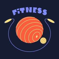 A set of sports equipment for light female fitness. Balls and rope for sports exercises. Sports lettering. Cartoon illustration in flat graphic style.
