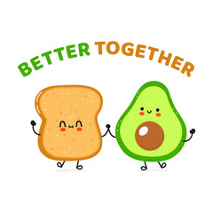 Cute happy toast and avocado card. Vector hand drawn doodle style cartoon character illustration icon design. Happy bread and avocado friends concept card