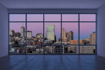 Fototapeta premium Empty room Interior Skyscrapers View Cityscape. Downtown San Francisco City Skyline Buildings from High Rise Window. Beautiful California Real Estate. Sunset. 3d rendering.