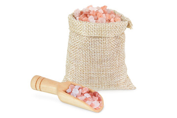 Himalayan salt on an isolated white background. Himalayan salt in a wooden scoop and bag.