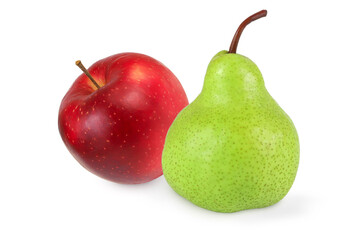 Pear and apple on isolated white background. Red apple and green pear
