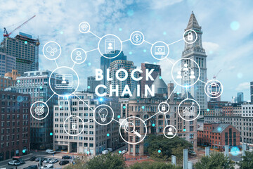 Panoramic picturesque financial downtown city view of Boston from Harbour area at day time, Massachusetts. technological and educational center. Blockchain and cryptography concept, hologram