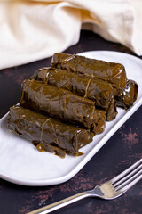 Leaf Wrap. Traditional Turkish cuisine delicacies. Stuffed with grape leaves and rice. local name zeytinyagli dolma or dolmades