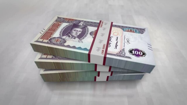 Mongolian Togrog, Tugrik money pile pack. Concept background of economy, banking, business, crisis, recession, debt and finance in Mongolia. 100 MNT banknotes stacks 3d animation.