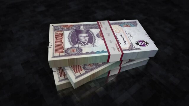 Mongolian Togrog, Tugrik money pile pack. Concept background of economy, banking, business, crisis, recession, debt and finance in Mongolia. 100 MNT banknotes stacks 3d animation.