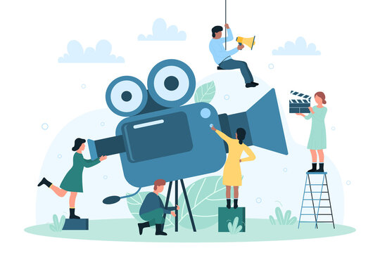 Video recording process, cinema production. Cartoon professional team of tiny characters with clapperboard and camera making movie flat vector illustration. Videography, cinematography concept