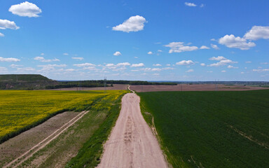 Aerial view of a rural road in the middle of agro fields